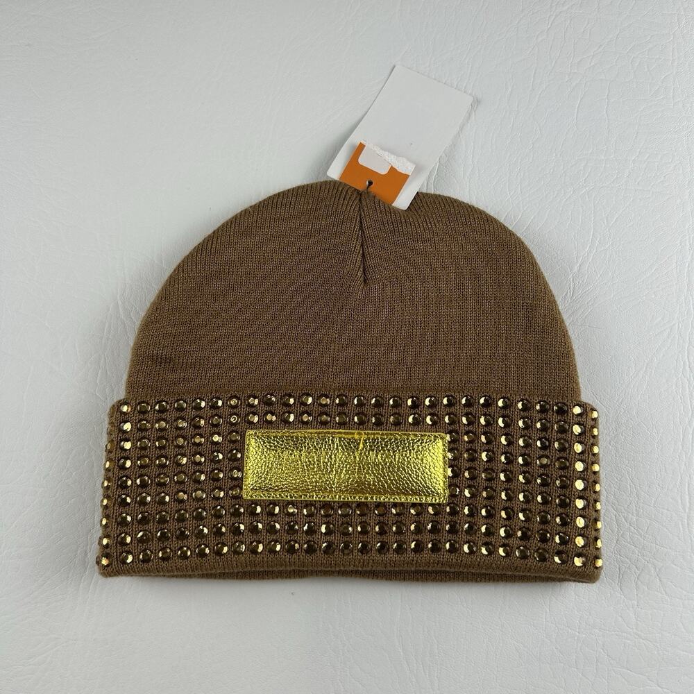 Kurt Geiger Brown Gold Studded Beanie Hat Metallic Logo Cuff Knit NWT